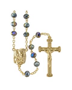 Scarab Glass Bead Gold Tone Rosary, Boxed