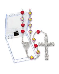 Red Iridescent Heart Shaped Bead Rosary, Boxed