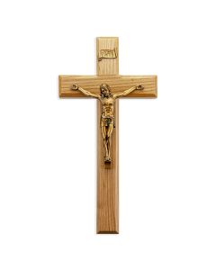 11" Oak Wood Cross with Museum Gold Finish Corpus