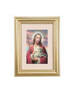 5 1/4" x 6 3/4" Gold Leaf Frame-Cream Matte with a 2 1/2" x 3 3/4" Good Shepherd Print