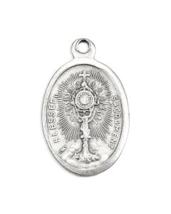 1" Oval Antiqued Silver Oxidized Blessed Sacrament Medal with St. Charles Borromeo on Reverse Side