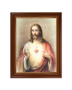 15 1/2" x 19 1/2" Walnut Finish Frame with Gold Accent and a 12" x 16" Sacred Heart of Jesus Textured Art