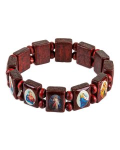 Patron Saint Picture Brown Wood Bead Bracelet