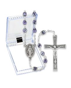 Violet and Silver Granite Glass Bead Rosary, Boxed