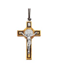 2" St. Benedict Olive Wood Crucifix with Antiqued Silver Oxidized Corpus on a Brown Cord