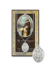 Saint Dominic Genuine Pewter Medal on a 24" Chain with Biography and Picture Folder