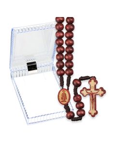 Dark Brown Wood Bead Corded Rosary, Boxed