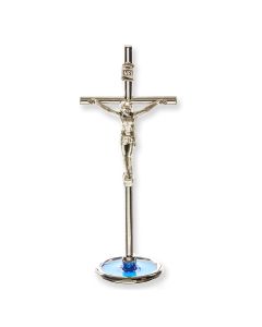 4" Silver Tone Metal Crucifix with Transluscent Blue Epoxy Base