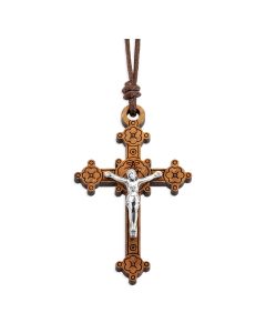 2" Ornate Olive Wood Crucifix with Silver Oxidized Corpus on a 27" Brown Cord