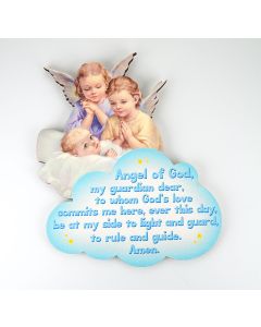 Twin Angels on Blue Cloud Hanging Crib Medal in Organza Bag