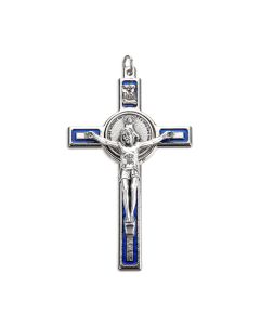 3" Silver Miraculous Medal Crucifix with Antique Silver Corpus and Medal with Blue Epoxy (Boxed)