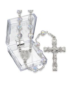 Crystal Iridescent Heart Shaped Bead Rosary, Boxed