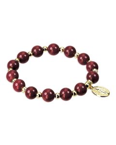 Garnet Bead Stretch Bracelet with a Miraculous Medal