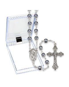 5mm Hematite Imitation Pearl Glass Bead Rosary, Boxed