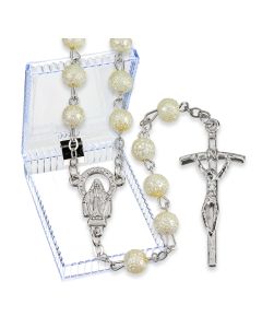 6mm White Hammered Bead Rosary, Boxed -P65