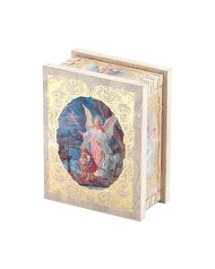2" x 2.75" Natural Wood Guardian Angel Rectangular Rosary Box
