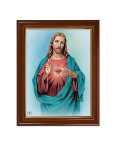 15 1/2" x 19 1/2" Walnut Finish Frame with Gold Accent and a 12" x 16" Sacred Heart of Jesus Textured Art