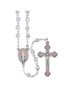 5mm Tin Cut Crystal Rosary with Silver Findings, Mir. Medal Center and Crucifix with Pink Epoxy