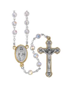 6mm Tin Cut Crystal Rosary with Silver Findings with Miraculous Medal Centerpiece and Stepped Up 2" Crucifix in Gray Velvet Box