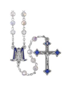 6mm Tin Cut Crystal Rosary with Silver Findings, Mir Medal Centerpiece and Crucifix with Blue Epoxy