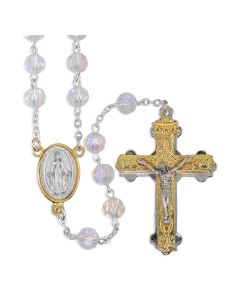 8mm Tin Cut Crystal Rosary with Mir Med Ctr and Double Layer Crucifix in Gray Velvet Box 