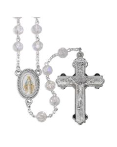 8mm Tin Cut Crystal Rosary with Silver Findings with Mir Medal Picture Centerpiece and Silver Ox Double Layer Crucifix in Grey Velvet Box