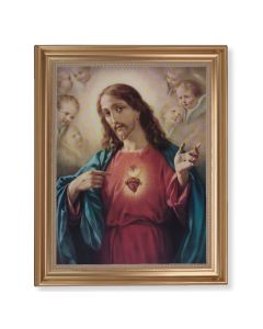 13 1/2" x 16 9/16" Gold Leaf Antique Finished Frame with 11" x 14"  Sacred Heart of Jesus Textured Art
