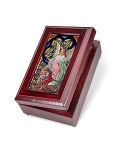 Mahogany Guardian Angel Stained Glass Music Box