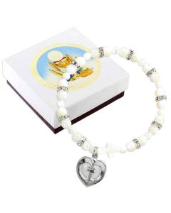 4mm-6mm Faux Pearl and Crystal Bead Stretch Bracelet with Silver Epoxied Communion Chalice Heart Medal