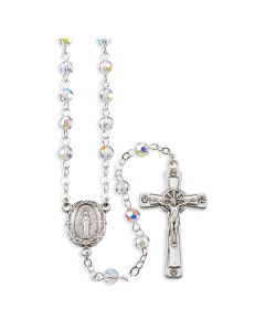 5mm Crystal Aurora Borealis Bead Rosary with 4 Crystal Settings in Crucifix and Center. Comes in a Grey Velvet Box.