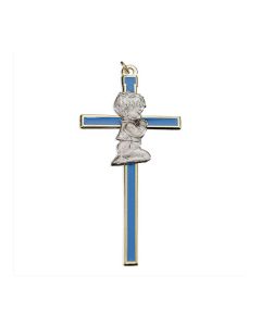 4.5" Gold Tone Blue Epoxied Cross with Boy Figure in Pewter Finish with ring (Boxed)
