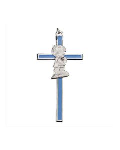 4.5" Silver Tone Blue Epoxied Cross with Boy Figure in Pewter Finish with ring (Boxed)