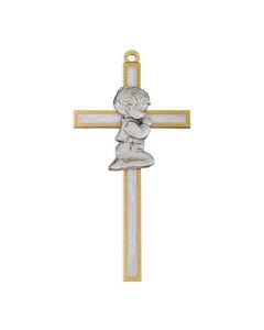 Boy Figure in Genuine Lead Free Pewter on 5" White Pearl Epoxy Pewter Cross with Gold Trim Boxed. Made in USA
