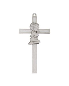 Boy Figure in Genuine Lead Free Pewter on 5" White Pearl Epoxy Pewter Cross -Boxed. Made in USA