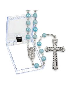 6mm Aqua Marbleized Rosary with Center and Crucifix, Boxed