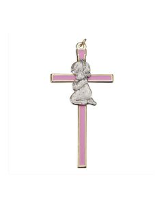 4.5" Gold Tone Pink Epoxied Cross with Girl Figure in Pewter Finish (Boxed)