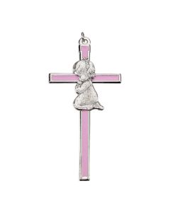 4.5" Silver Tone Pink Epoxied Cross with Girl Figure in Pewter Finish with ring(Boxed)