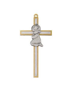Girl Figure in Genuine Lead Free Pewter on 5" White Pearl Epoxy Pewter Cross with Gold Trim Boxed. Made in USA