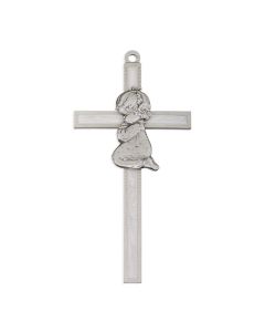Girl Figure in Genuine Lead Free Pewter on 5" White Pearl Epoxy Pewter Cross- Boxed. Made in USA