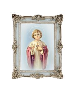 6 3/4" x 8 3/4" Powder Blue and Silver Photo Frame with Child Sacred Heart of Jesus Print -P65