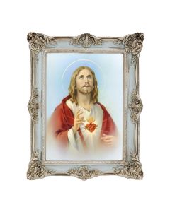 6 3/4" x 8 3/4" Powder Blue and Silver Photo Frame with Sacred Heart of Jesus Print -P65