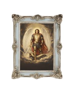 6 3/4" x 8 3/4" Powder Blue and Silver Frame with a 5 x 7 Archangel St. Michael in Armor Print- P65 