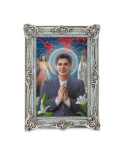 6 3/4" x 8 3/4" Powder Blue and Silver Photo Frame with Carlo Acutis Print-P65