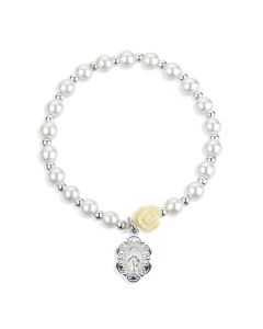 5mm White Pearl Bracelet with an off White Our Father Bead and a Miraculous Medal-P65