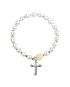 5mm White Pearl Bracelet with an off White Our Father Bead and a Beveled Cross-P65