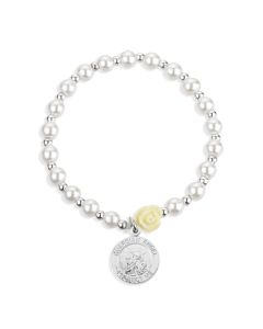 5mm White Pearl Bracelet with an off White Our Father Bead and a Round Guardian Angel Medal-P65