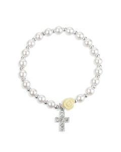 5mm White Pearl Bracelet with an off White Our Father Bead and a Jeweled Cross-P65