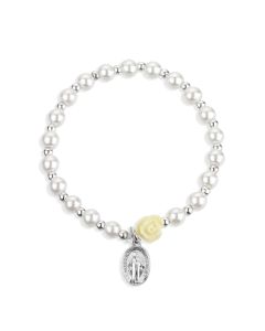 5mm White Pearl Bracelet with an off White Our Father Bead and a Miraculous Medal-P65