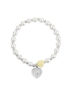5mm White Pearl Bracelet with an off White Our Father Bead and a Miraculous Medal-P65