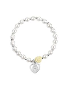 5mm White Pearl Bracelet with an off White Our Father Bead and a Miraculous Medal-P65